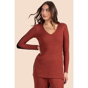 Trina Turk Zoey V-Neck Pullover Ribbed Knit Cinnamon/Black Sweater/Tunic, Size L